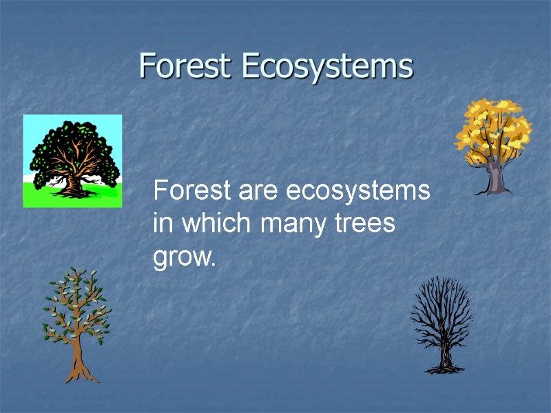 Forest Ecosystems Forest are ecosystems in which many trees grow.